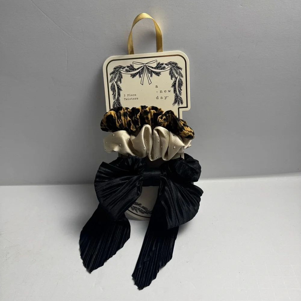 Hair Twister Set 3 pk - A New Day Leopard/Champagne/Black Hair Scrunchie Set